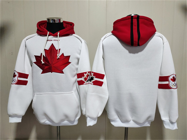 Men's White Team Canada Customed Ageless Must-Have Lace-Up Pullover Hoodie